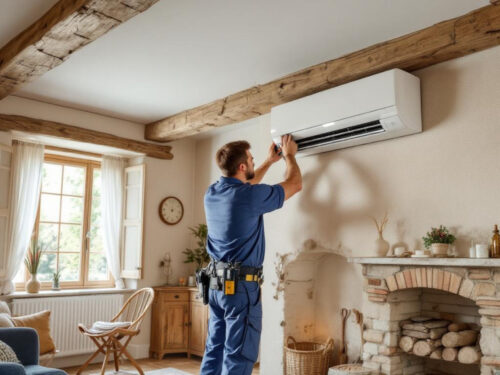 Ouvrier qui installe une climatisation dans une maison angevine